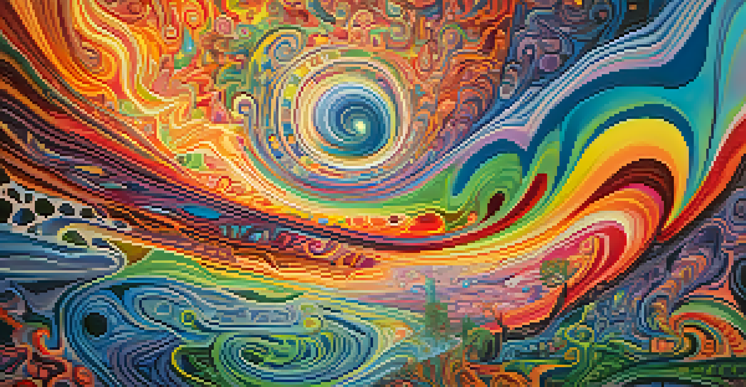 An abstract depiction of a psychedelic experience with swirling colors and intricate patterns representing emotional insights.