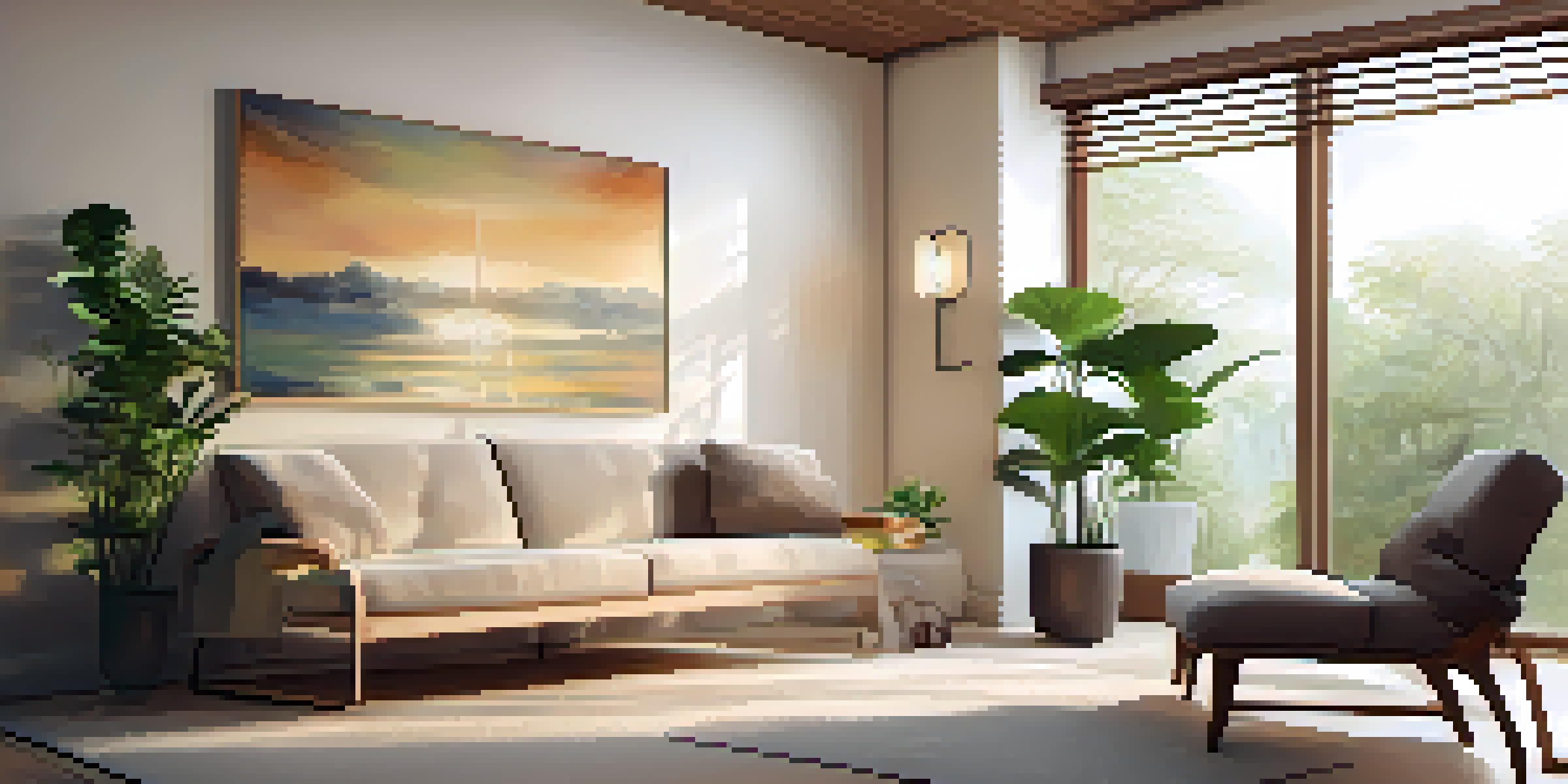 A cozy therapy room with soft lighting, plants, and a comfortable sofa, creating a calming atmosphere.