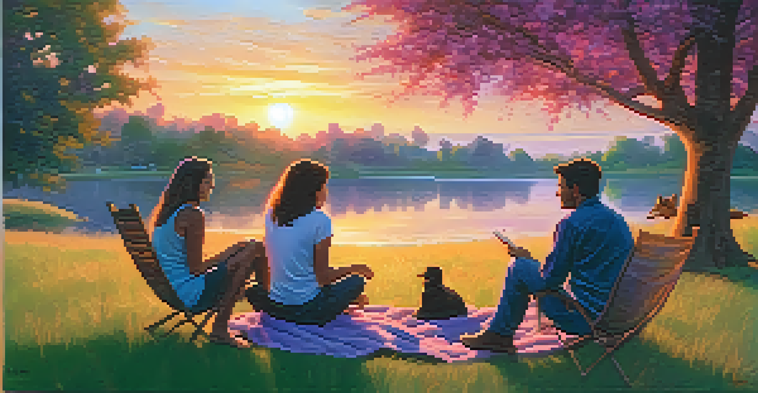 A group of friends sitting in a circle on grass, surrounded by flowers and trees, with a vibrant sunset sky.