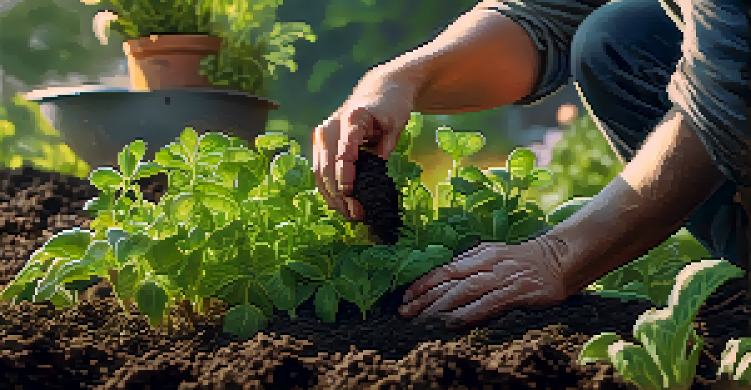 A close-up of a gardener's hands tending to vibrant green herbs in rich soil, emphasizing sustainable farming.