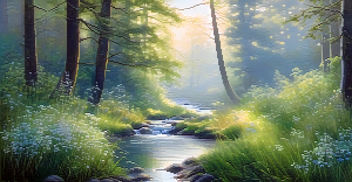 A peaceful forest scene at dawn with sunlight filtering through misty trees and blooming wildflowers.