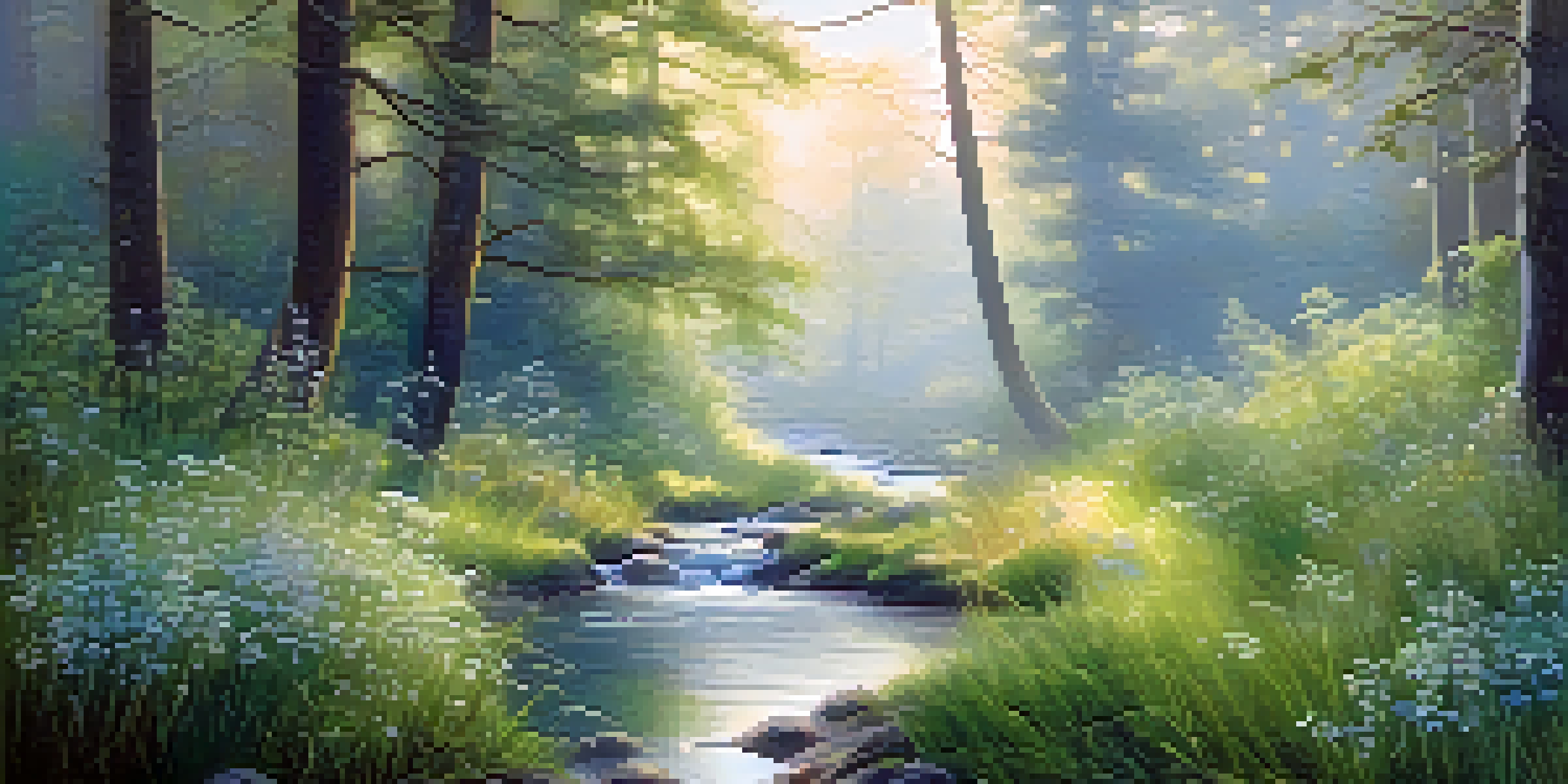 A peaceful forest scene at dawn with sunlight filtering through misty trees and blooming wildflowers.