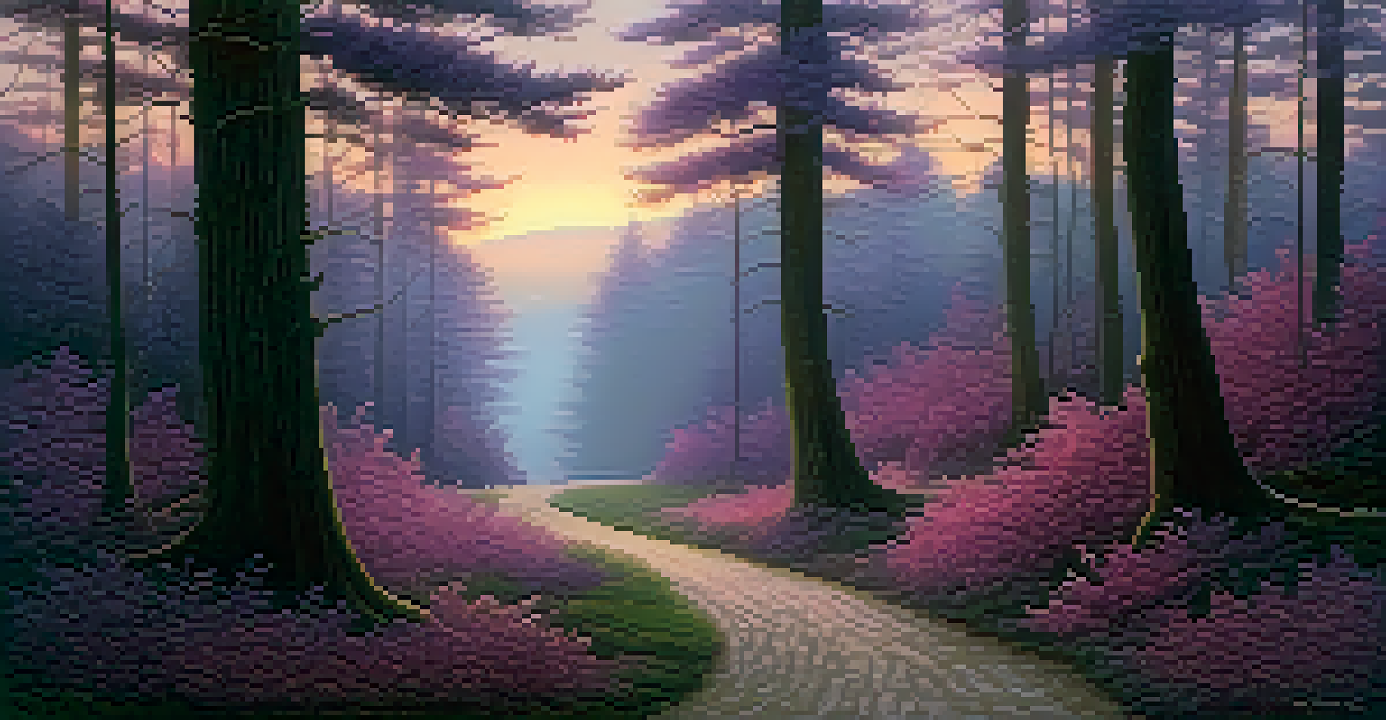 A tranquil forest at twilight with a winding path, tall trees, and a colorful sunset sky.