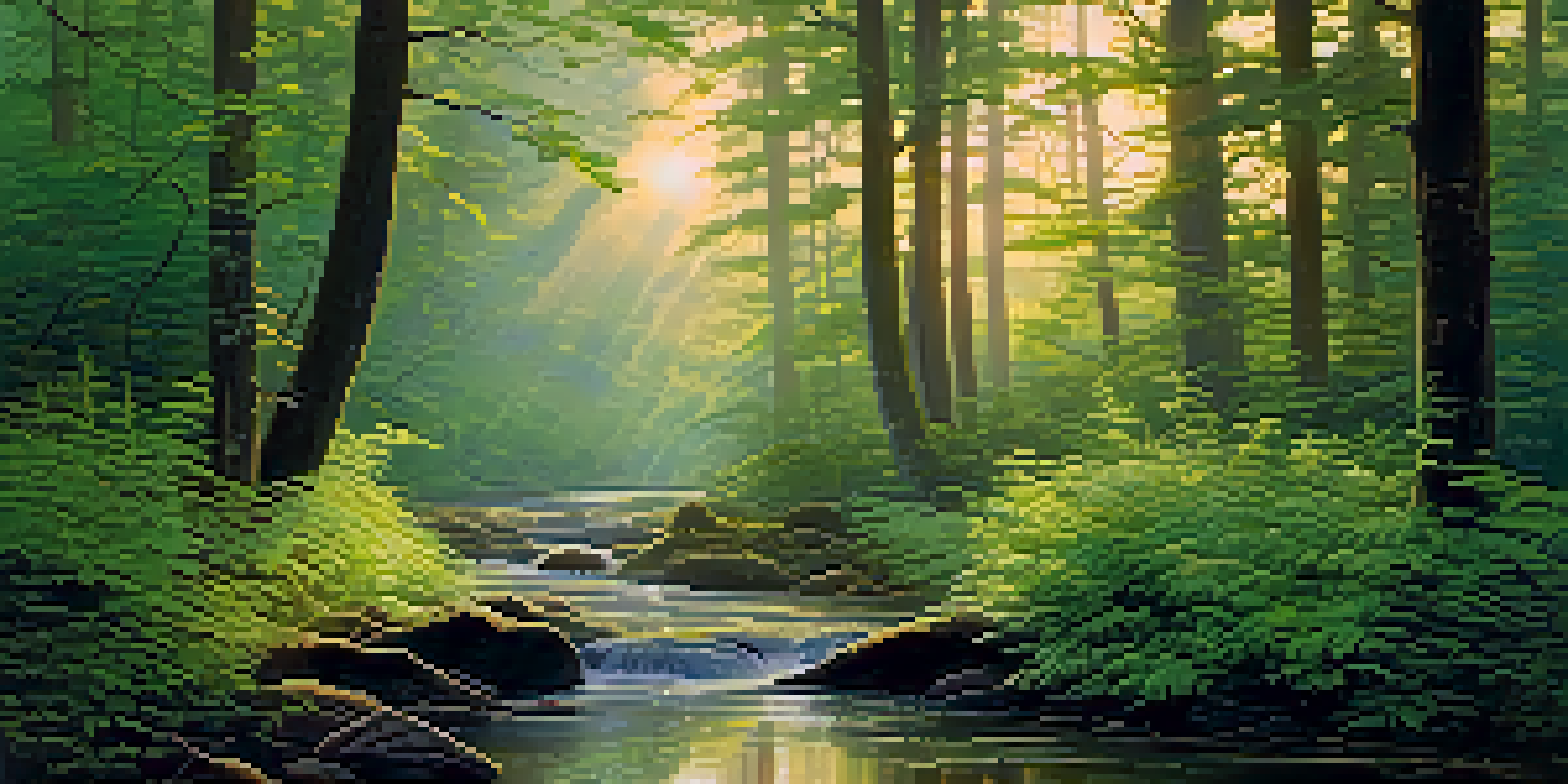 A serene forest scene at dawn with mist, sunlight filtering through trees, and a small stream reflecting the morning sky.