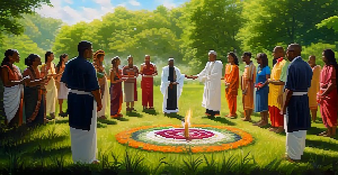 A diverse group of people holding hands in a circle during a spiritual ritual in a lush green outdoor setting, with colorful ceremonial items on the ground.