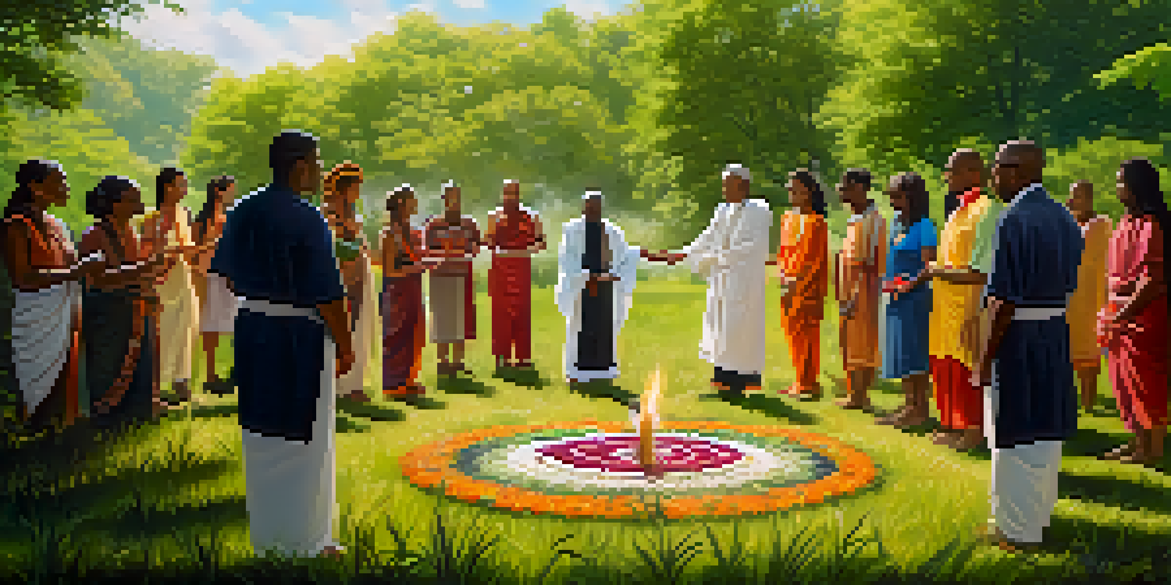 A diverse group of people holding hands in a circle during a spiritual ritual in a lush green outdoor setting, with colorful ceremonial items on the ground.