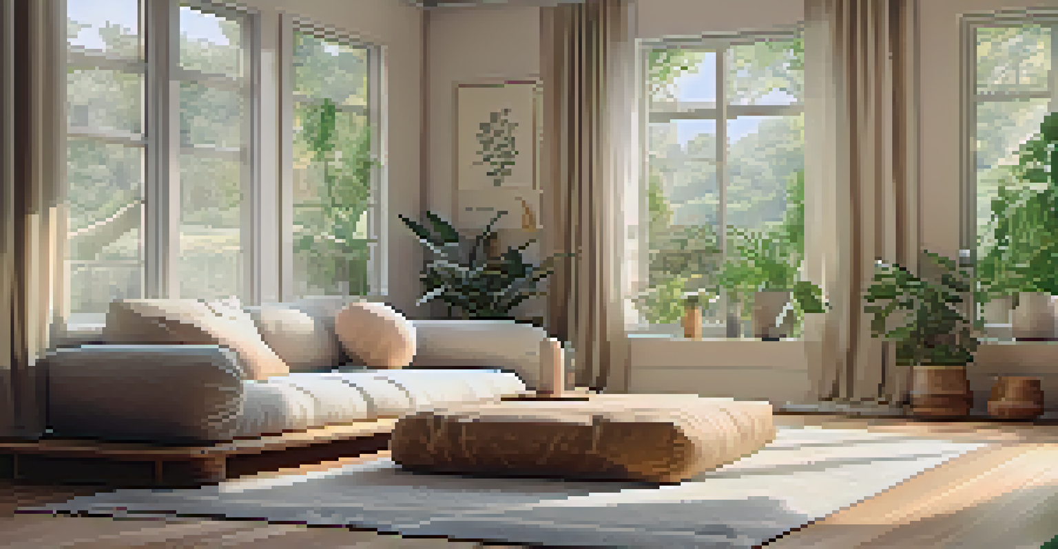 A calming meditation room filled with natural light, plants, and a cozy meditation cushion.