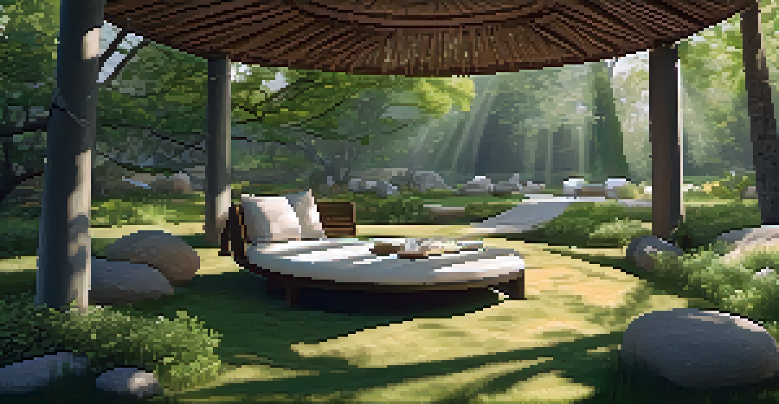 A cozy outdoor therapeutic space with comfortable seating under trees, surrounded by natural elements and dappled sunlight.
