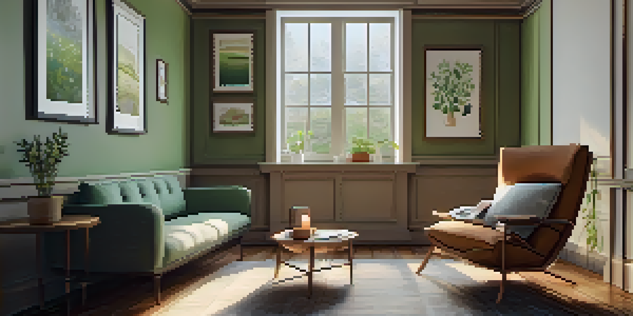 A cozy therapy room with an armchair, soft lighting, and calming artwork. A table with a notebook and herbal tea is visible.