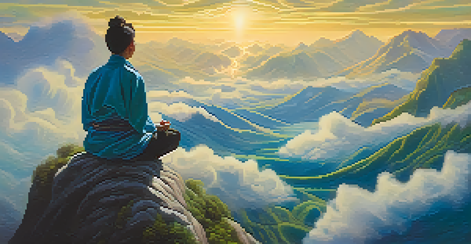 A person meditating on a mountain top, surrounded by clouds, with a vibrant view of nature and warm golden light symbolizing enlightenment.