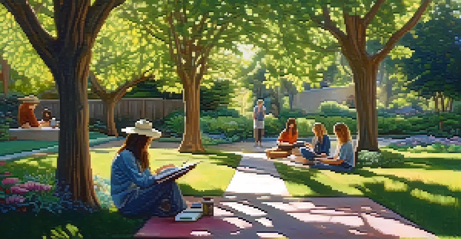 A tranquil garden scene with individuals journaling and reflecting, surrounded by trees and soft sunlight, sharing insights.