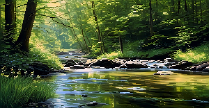 A peaceful forest with a clear stream, sunlight filtering through leaves, wildflowers, and butterflies.