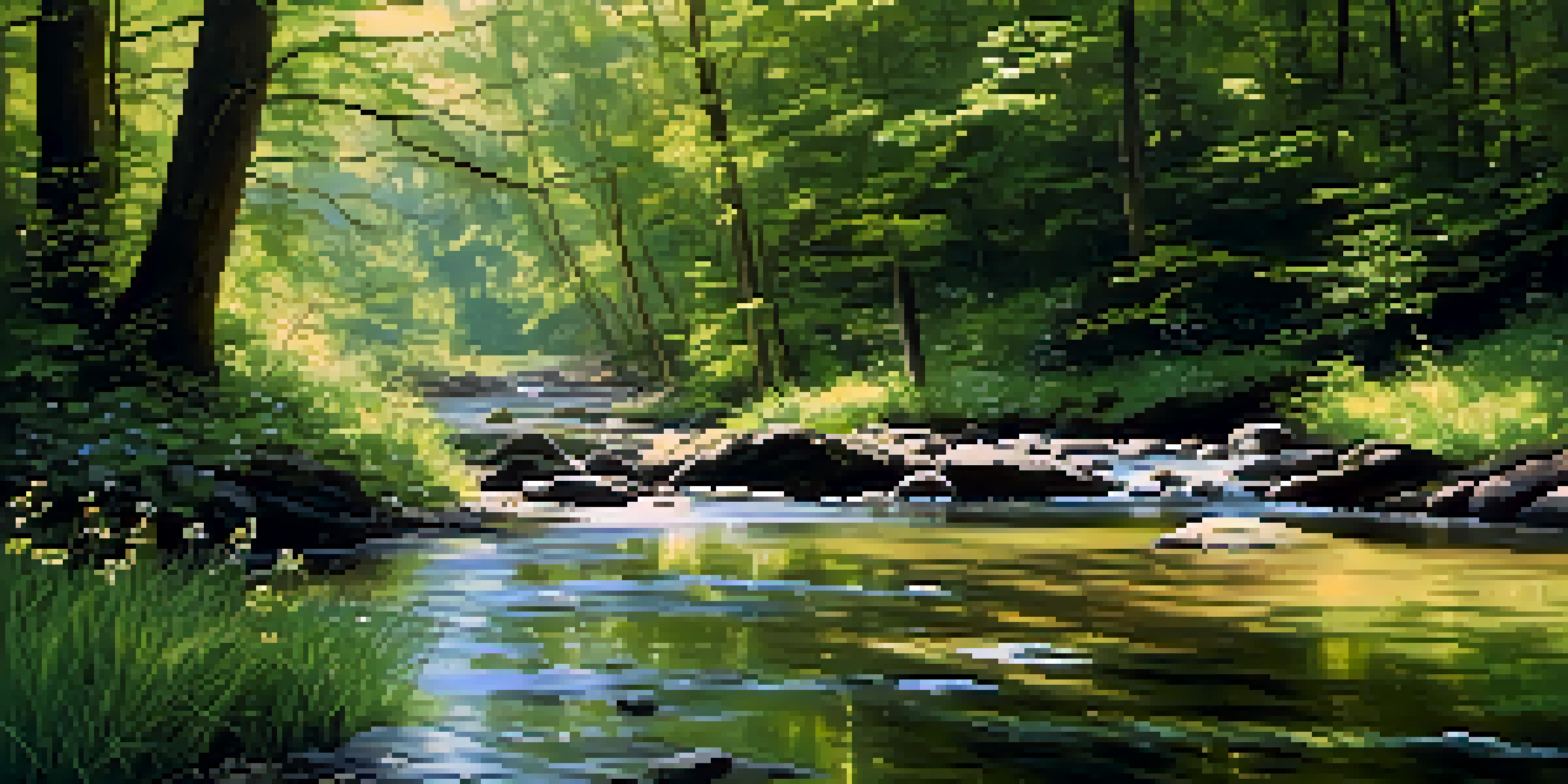 A peaceful forest with a clear stream, sunlight filtering through leaves, wildflowers, and butterflies.