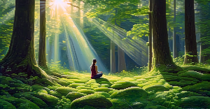 A person meditating in a peaceful forest glade surrounded by sunlight filtering through trees and colorful wildflowers.
