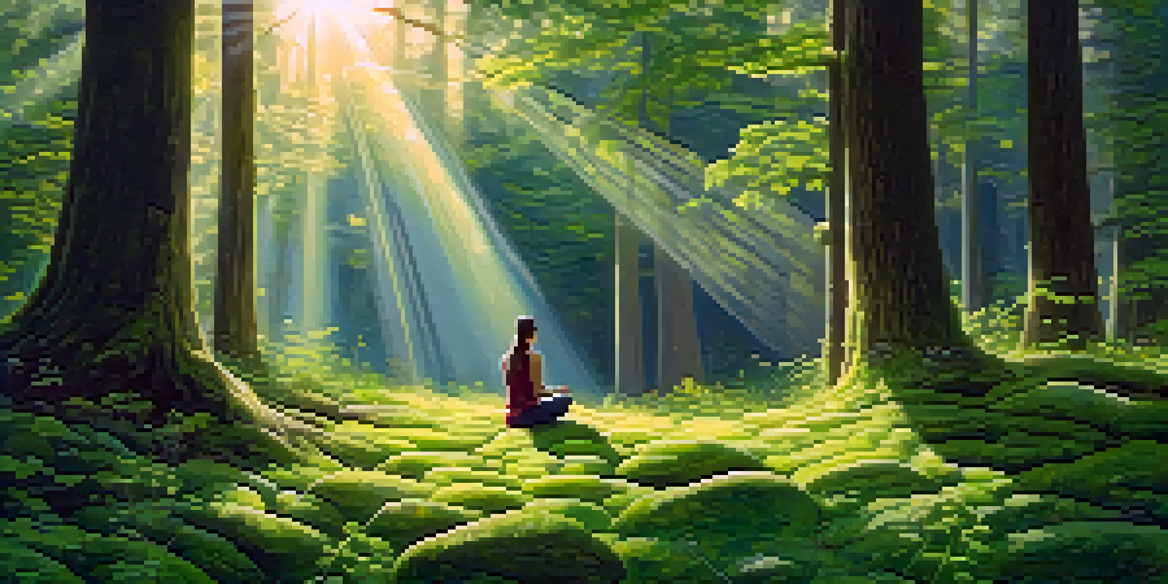 A person meditating in a peaceful forest glade surrounded by sunlight filtering through trees and colorful wildflowers.