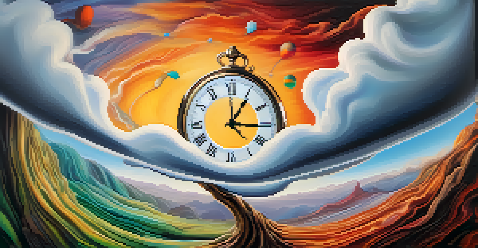 An abstract image of a melting clock on a tree branch in a colorful, surreal landscape representing time distortion.