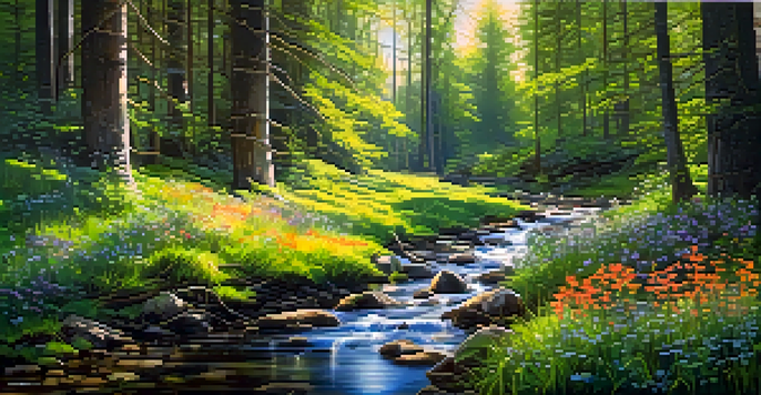 A peaceful forest with sunlight shining through the trees, colorful flowers, and a small stream.