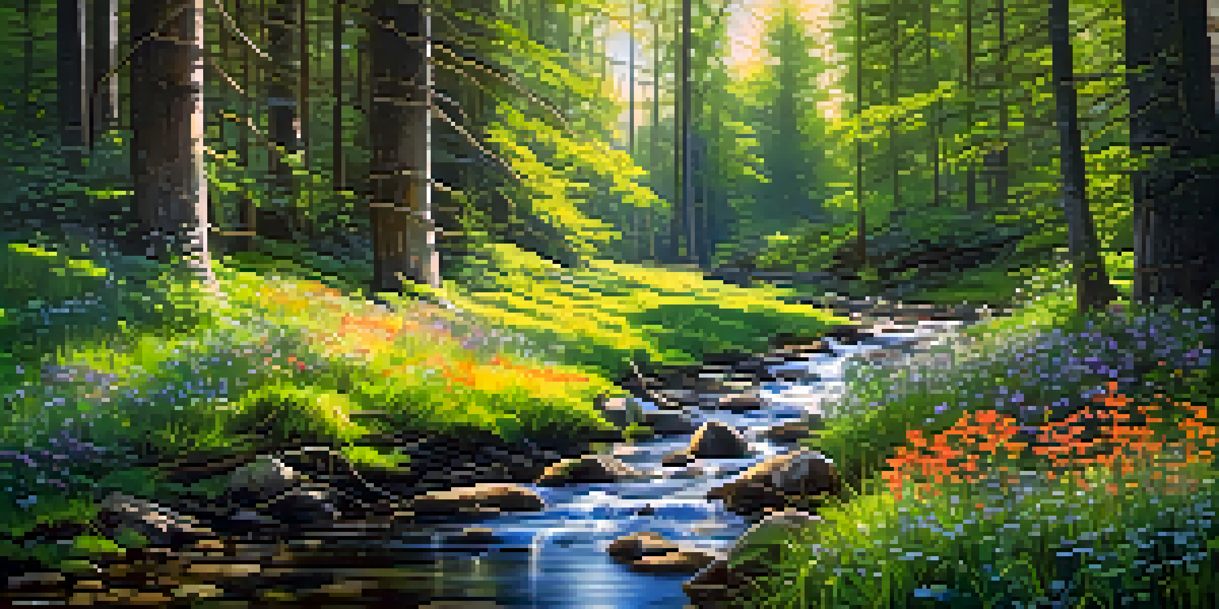 A peaceful forest with sunlight shining through the trees, colorful flowers, and a small stream.