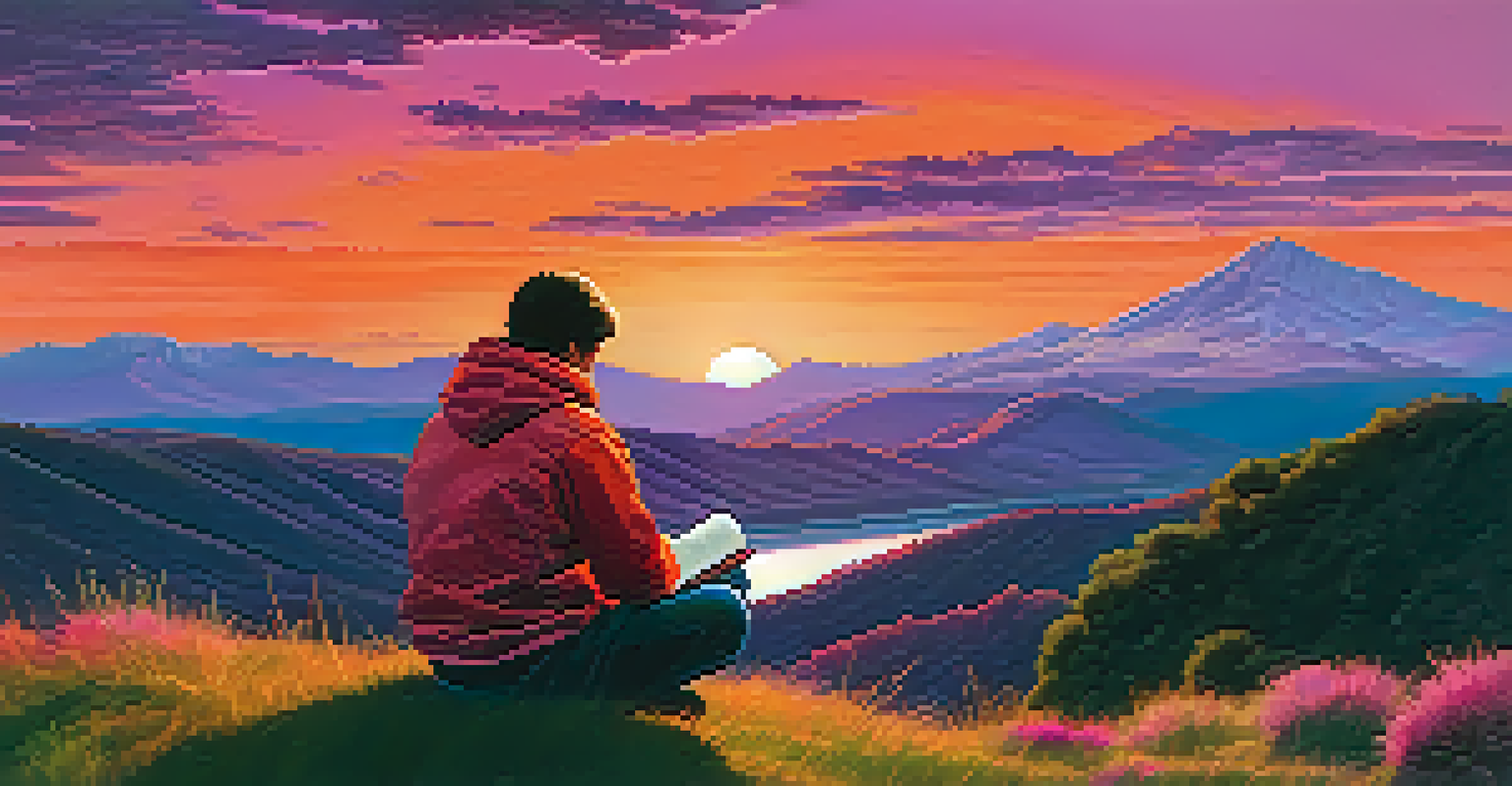 A person on a hilltop at sunset, writing in a journal, surrounded by colorful skies and nature.