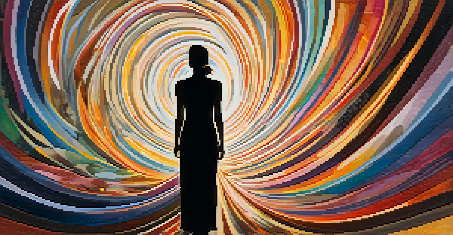 An abstract silhouette of a person surrounded by swirling colors, representing self-perception and empowerment.