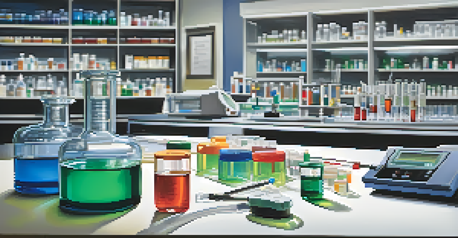 A toxicology screening setup with vials and test equipment on a lab bench, highlighting the importance of medical testing.