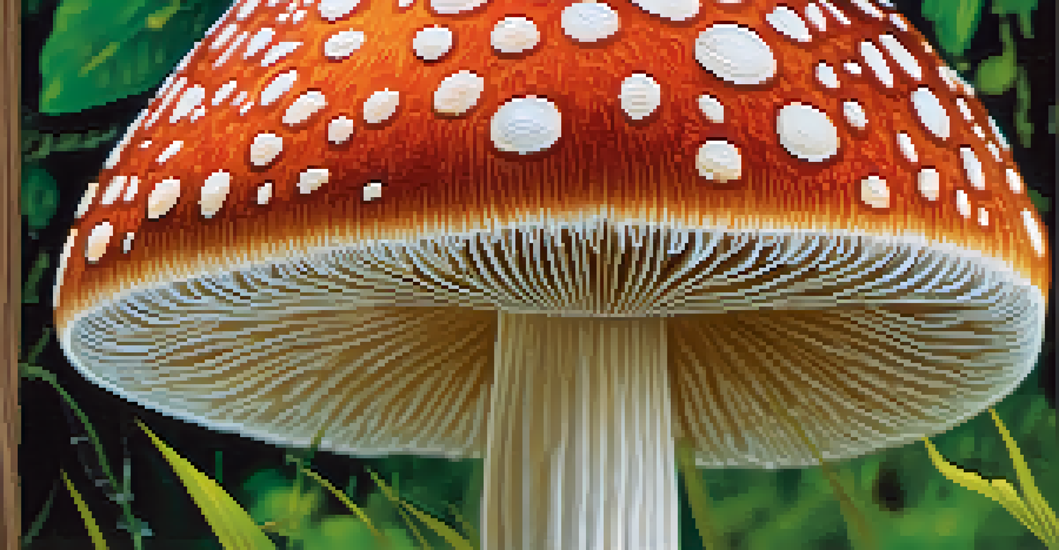 A detailed close-up of a colorful mushroom with textured cap and gills, surrounded by blurred green foliage.
