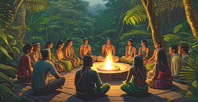 Participants in a traditional Ayahuasca ceremony sitting in a circle around a bonfire in the Amazon rainforest at dusk.