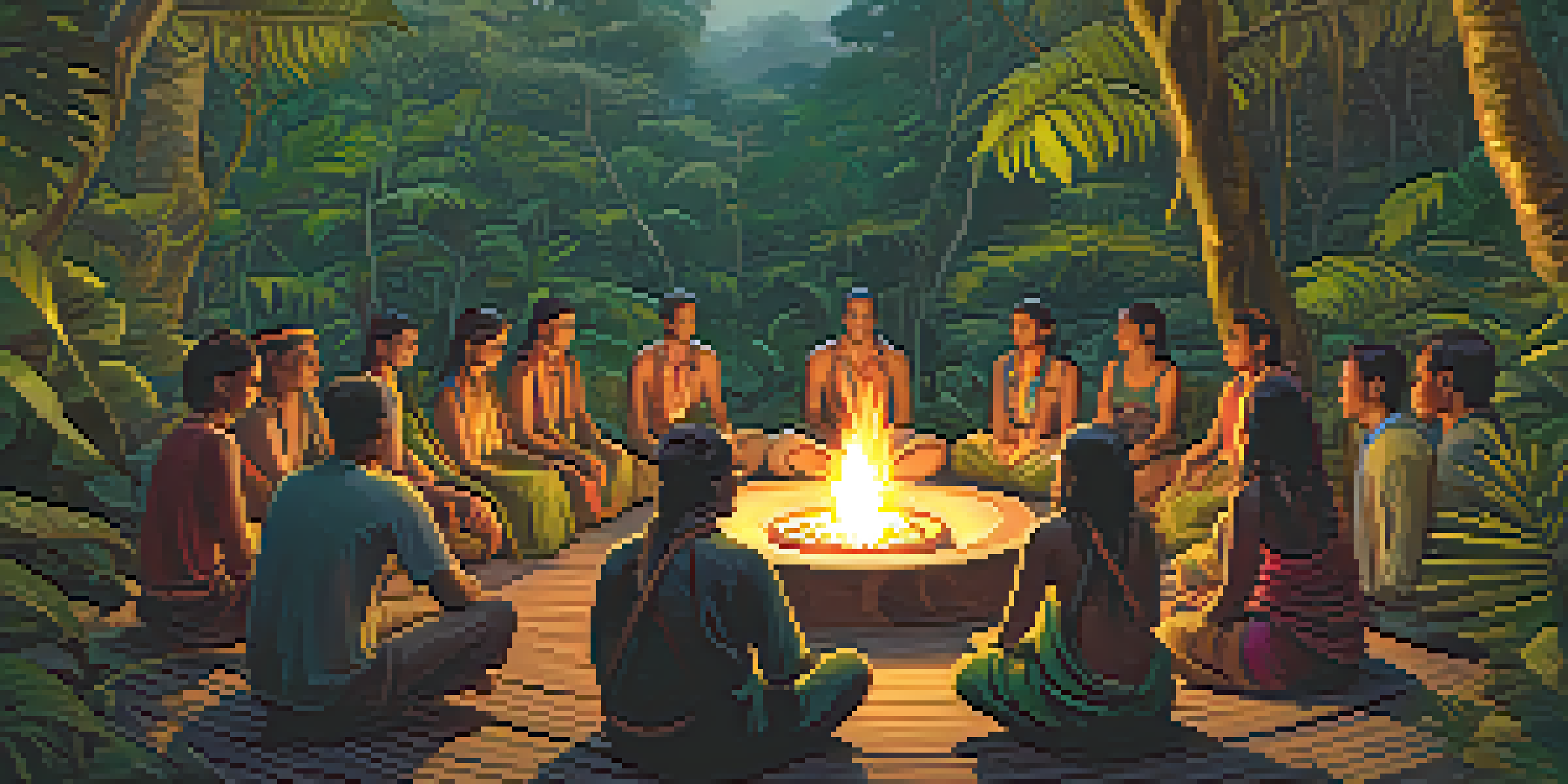 Participants in a traditional Ayahuasca ceremony sitting in a circle around a bonfire in the Amazon rainforest at dusk.