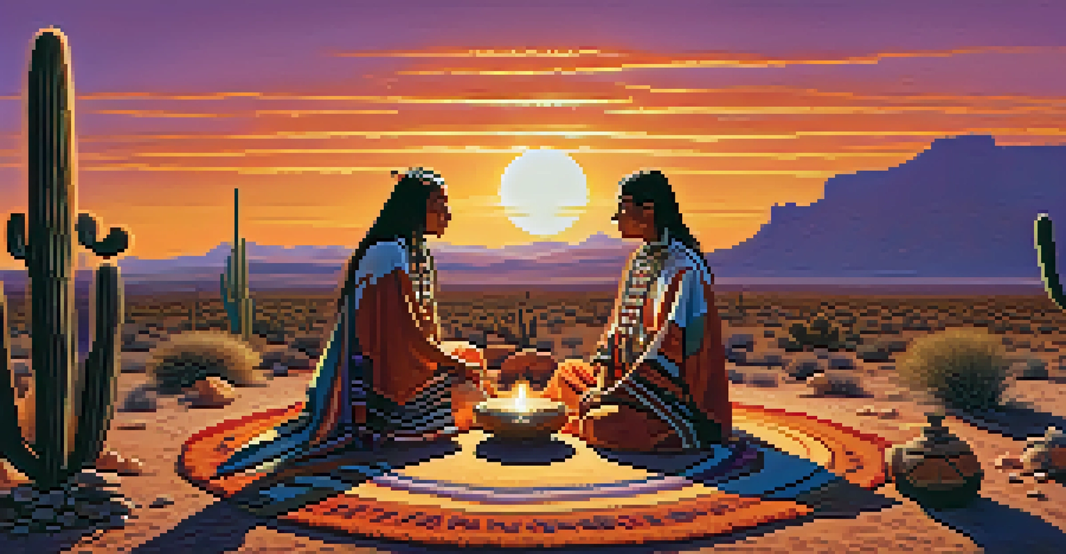 A Native American peyote ceremony at dusk, with tribal members in traditional attire, a peyote cactus in the center, and warm hues from the setting sun illuminating the desert landscape.