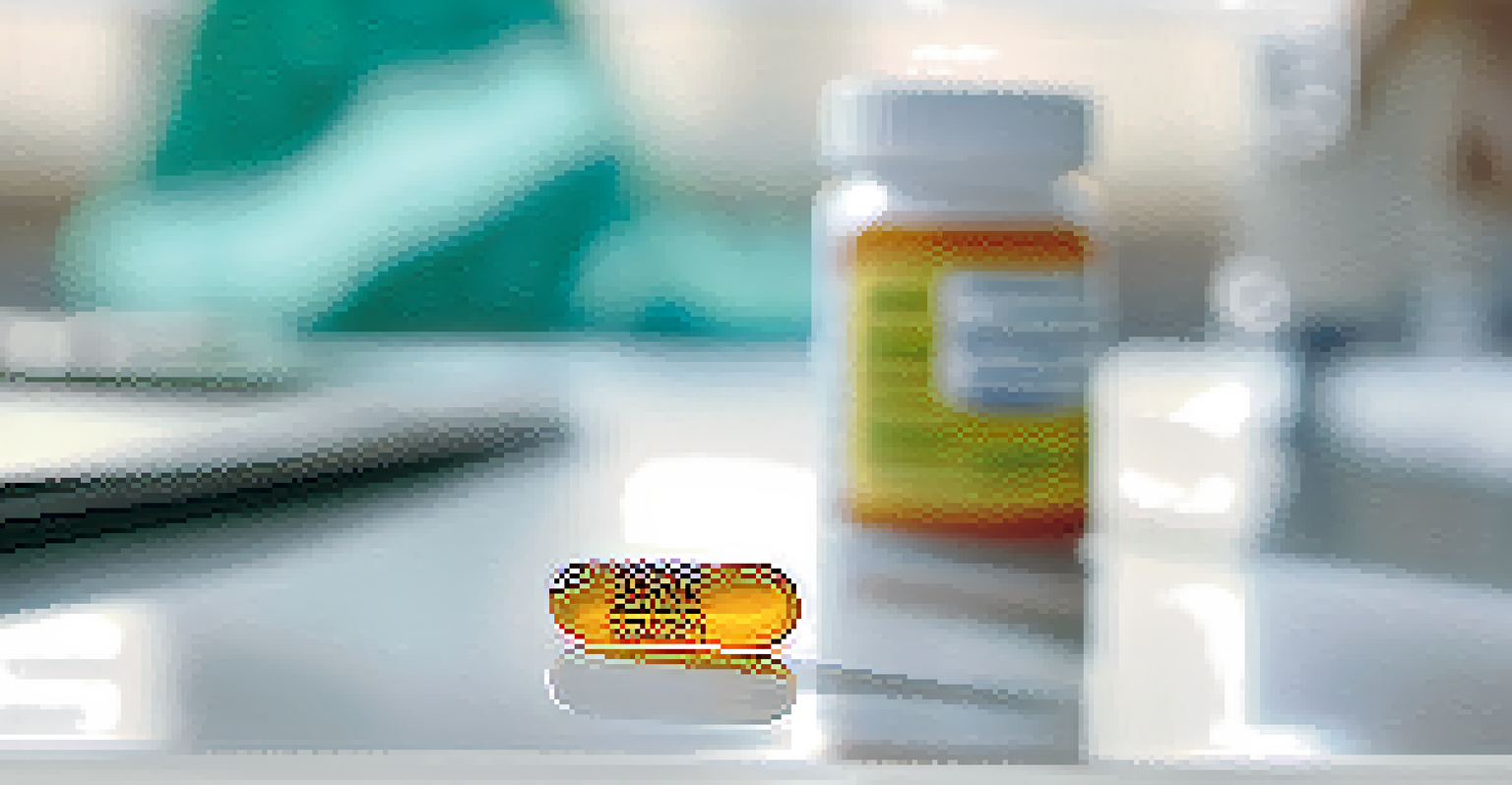 A hand holding a sugar pill with a doctor's stethoscope and patient interaction blurred in the background.