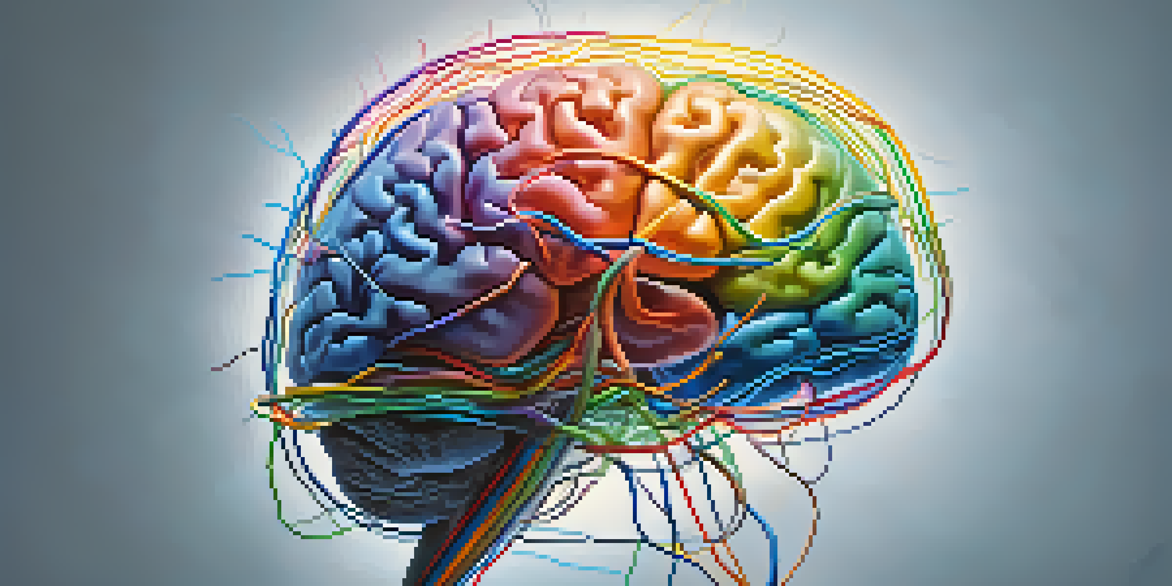 A human brain with glowing neural pathways in vibrant colors, set against a calming gradient background.