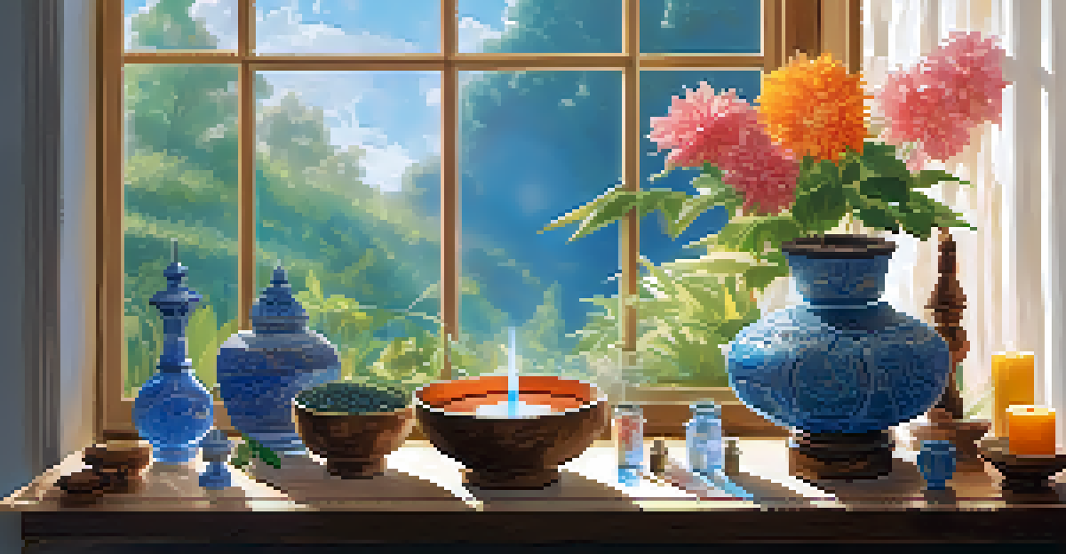 A wooden table with an altar featuring a bowl of water, incense, and crystals, with a garden visible through a window.