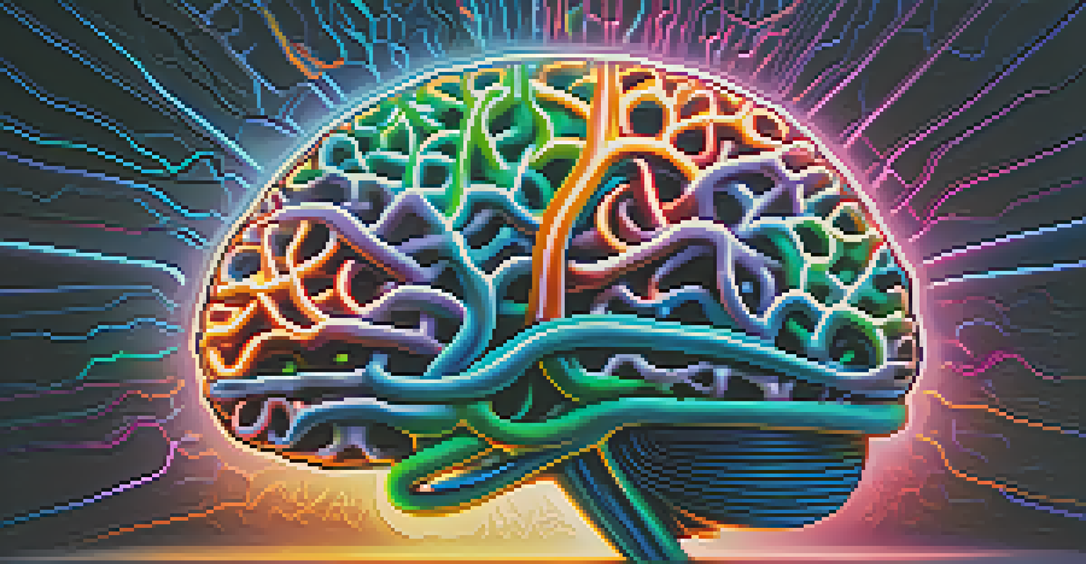 An abstract depiction of a brain with colorful neural pathways, set against a tranquil background.