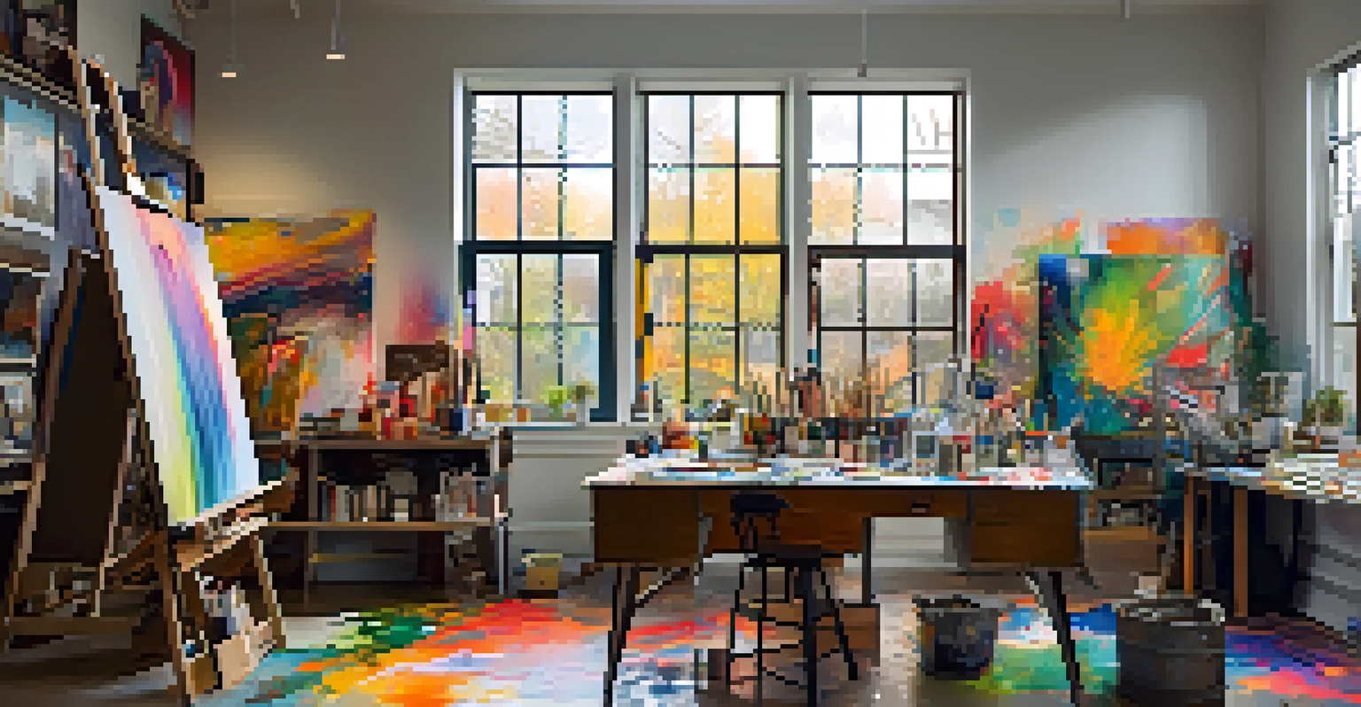 An artist's studio with colorful abstract artworks, paint splatters, and natural light, evoking a sense of creativity.