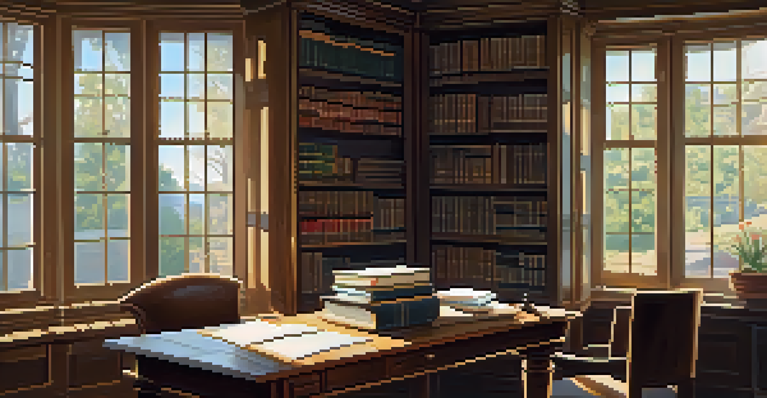 A cozy study room featuring a wooden desk, stacks of books, and an armchair, illuminated by soft golden light from a window.