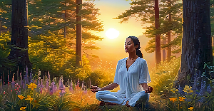 A woman meditating in a colorful wildflower field with trees around her, illuminated by the golden light of sunset.