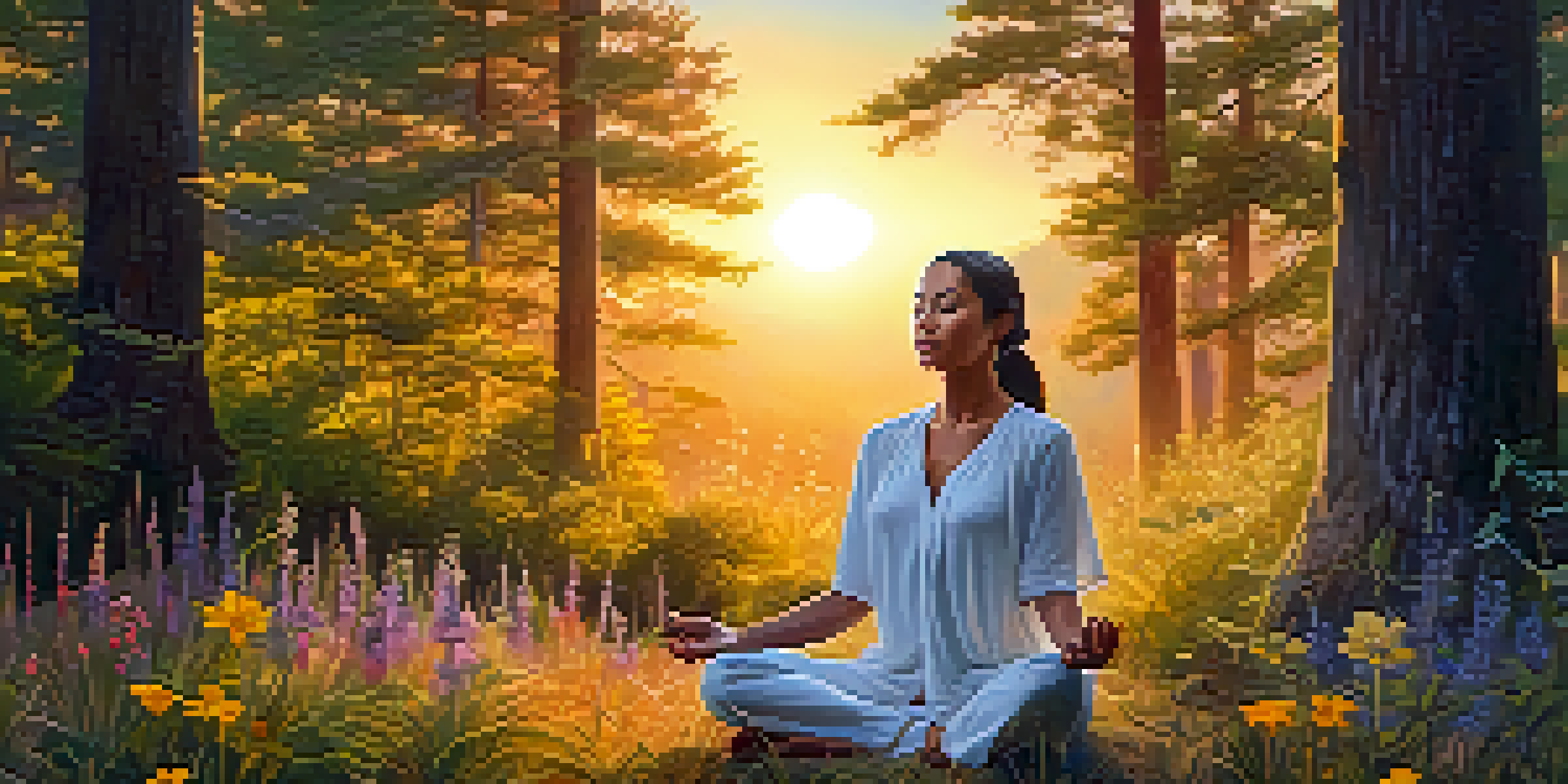 A woman meditating in a colorful wildflower field with trees around her, illuminated by the golden light of sunset.