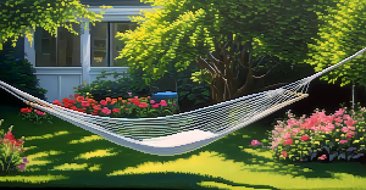 A tranquil garden with colorful flowers and a hammock between two trees, bathed in sunlight under a blue sky.