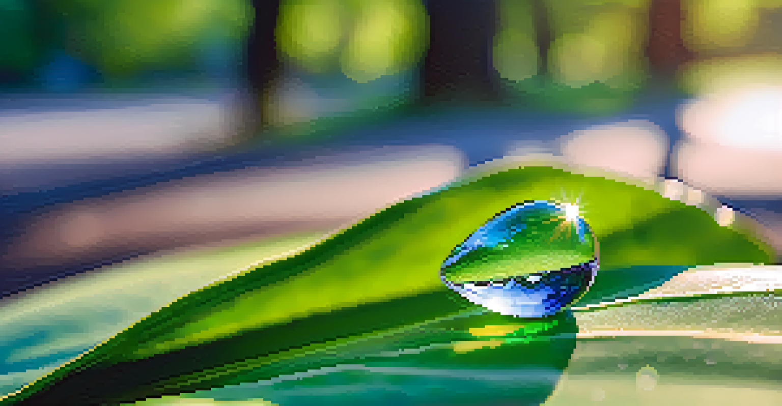 A close-up of a water droplet on a leaf, reflecting vibrant colors and softly blurred background.