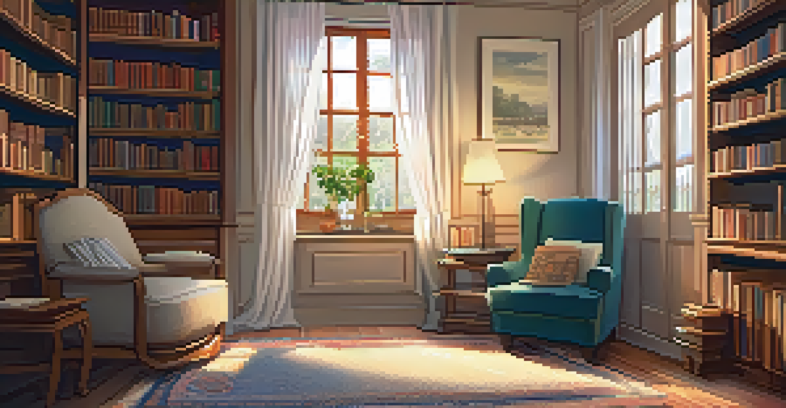 A warm reading nook with an armchair, tea, and bookshelves, inviting relaxation and mindfulness.