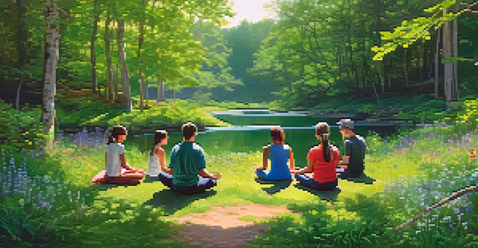 A tranquil forest scene with sunlight, a stream, and people meditating in a circle.