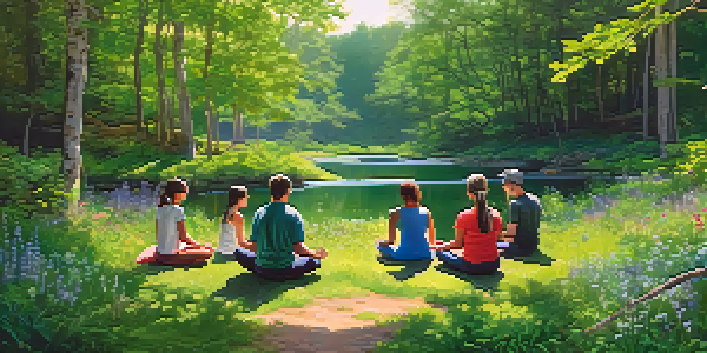 A tranquil forest scene with sunlight, a stream, and people meditating in a circle.