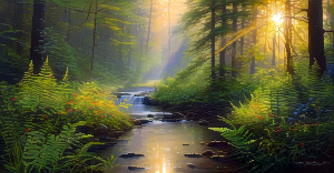 A tranquil forest at sunrise with golden light, green ferns, colorful wildflowers, and a misty stream.