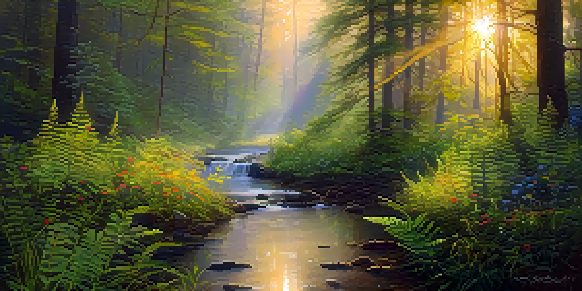 A tranquil forest at sunrise with golden light, green ferns, colorful wildflowers, and a misty stream.