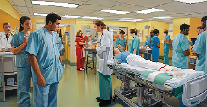 An emergency room with medical staff caring for a disoriented patient experiencing hallucinogen effects.
