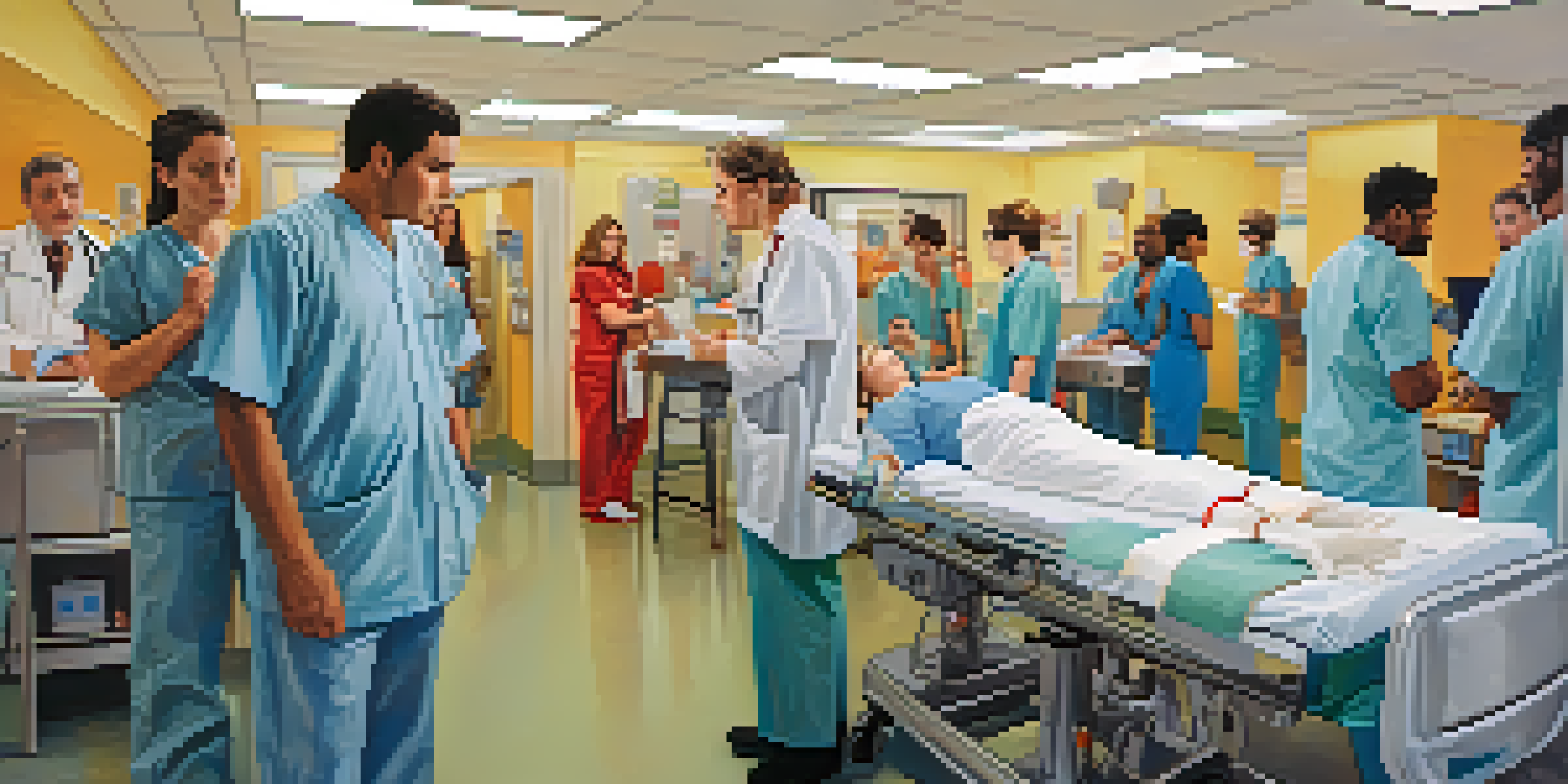 An emergency room with medical staff caring for a disoriented patient experiencing hallucinogen effects.