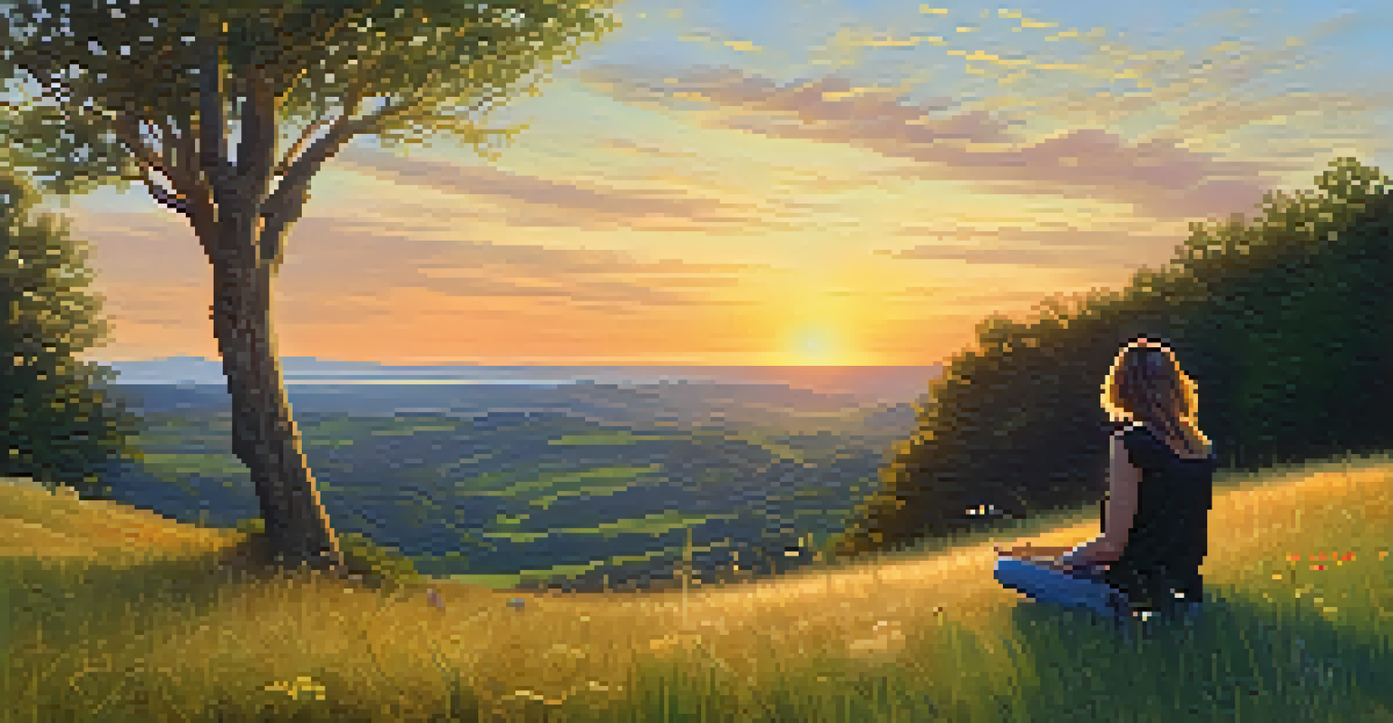 A person practicing mindfulness on a grassy hill during sunset, surrounded by wildflowers, creating a peaceful outdoor scene.