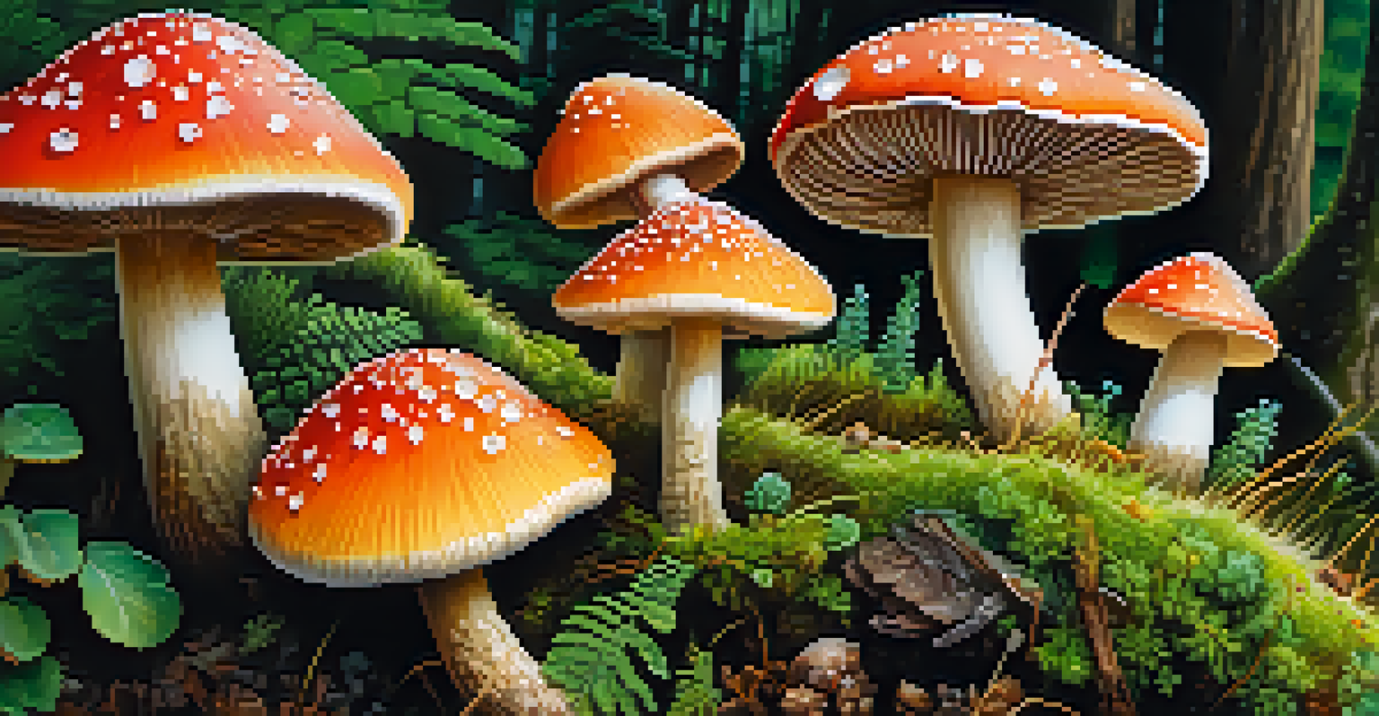 A close-up view of colorful mushrooms in a forest, showcasing their intricate textures and patterns.
