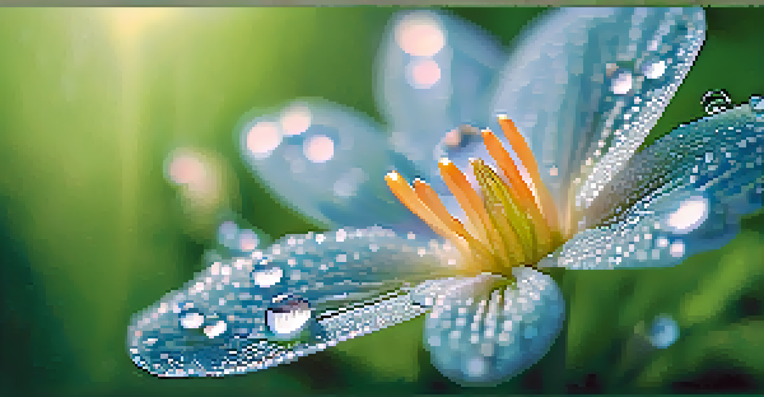 A close-up image of a colorful flower with dew drops glistening in the morning light.