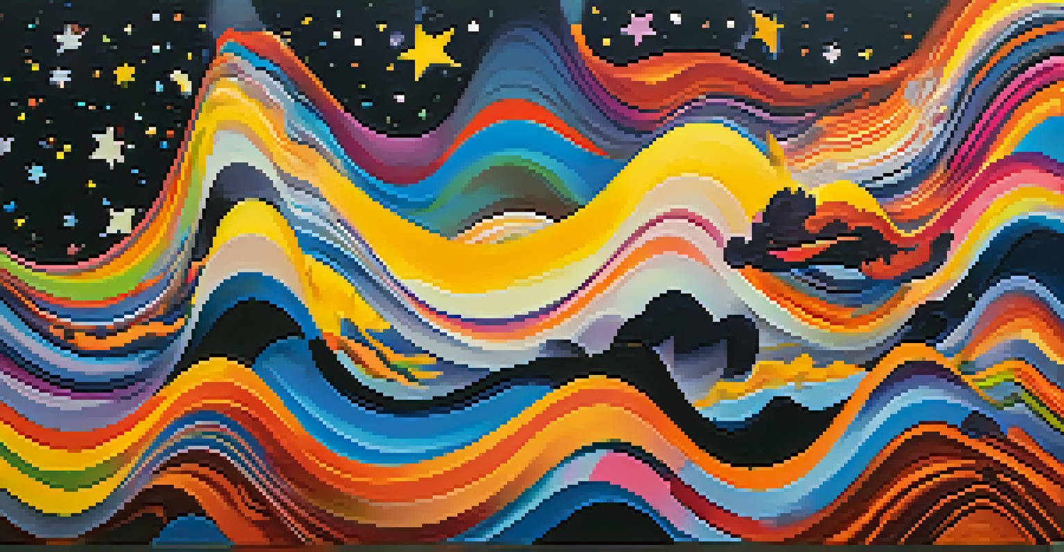 An artistic representation of synesthesia, showing colorful waves and abstract shapes that visualize sounds against a dark starry background.